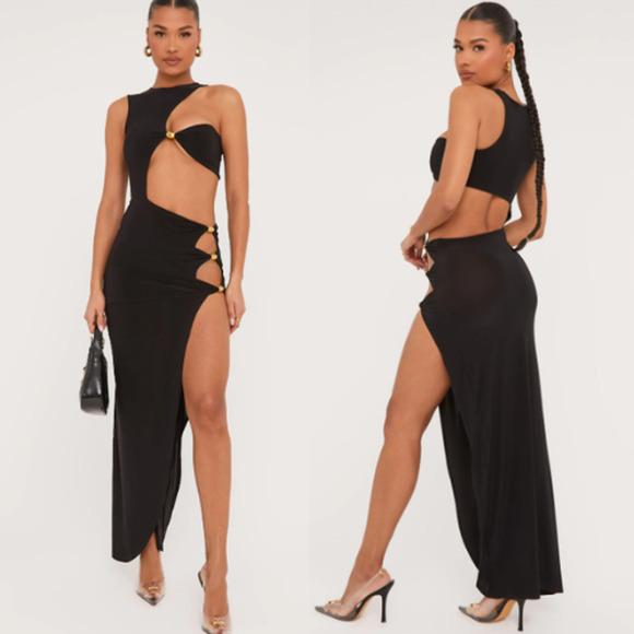 EGO Extreme Cut Out Gold Beaded Split Leg Asymmetric Maxi Dress Black Women's XS - Picture 1 of 7